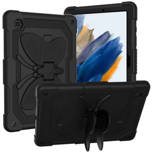 Samsung Galaxy Tab A8 10.5 inch (2022) Butterfly Kickstand 3in1 Tough Hybrid Case Cover with Shoulder Strap - Black/Black