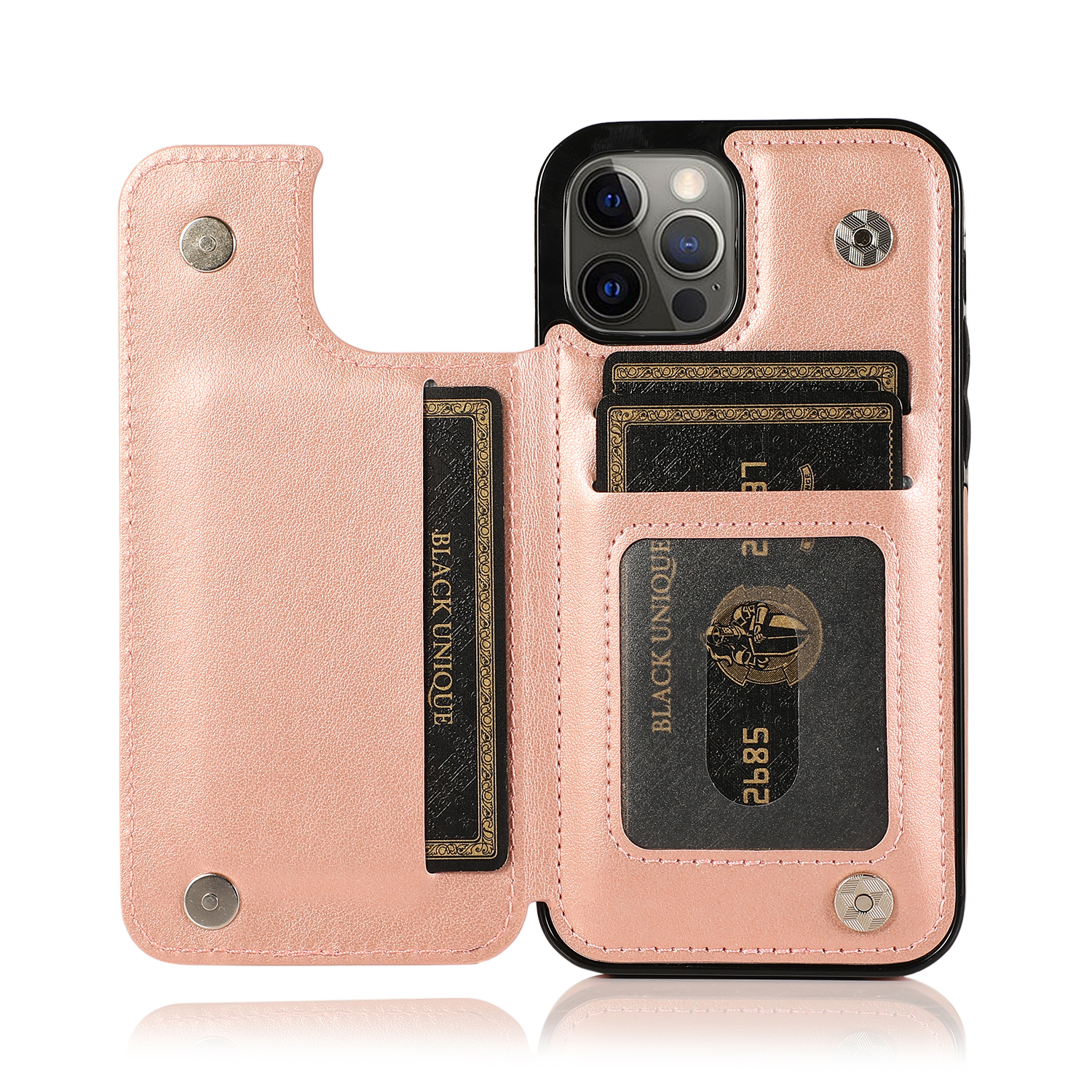 for Apple iPhone XR Luxury Side Magnetic Button Card ID Holder PU Leather Case Cover - Rose Gold Butterfly Swirl