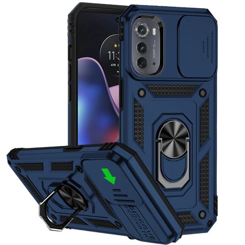 Motorola Moto Edge (2022) Well Protective Magentic Ring Stand Camera Protective Cover Case - Blue
