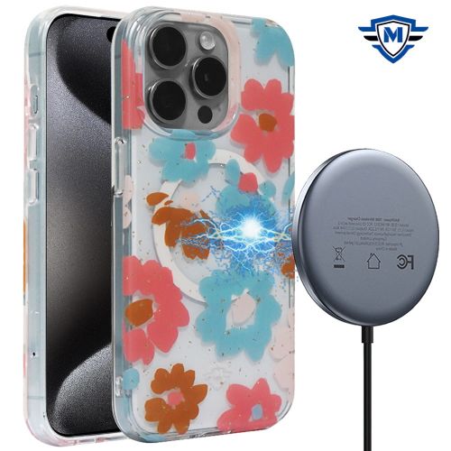 Apple iPhone 15 Pro Max METKASE Floral Design [Magnetic Circle] Transparent Hybrid - Sunflower