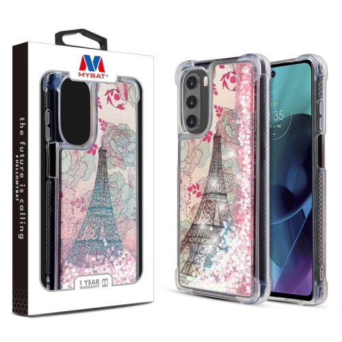 Motorola 2022 Moto G Stylus 4G MyBat Quicksand Glitter Hybrid Case Cover   - Eiffel Tower & Pink Hearts