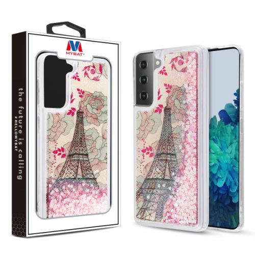 Samsung Galaxy S21 Plus Case, MyBat Quicksand Glitter Hybrid Case Cover Eiffel Tower & Pink Hearts