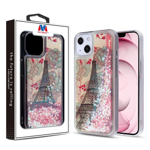 Apple iPhone 13 6.1 Case, MyBat Quicksand Glitter Hybrid Case Cover Eiffel Tower & Pink Hearts