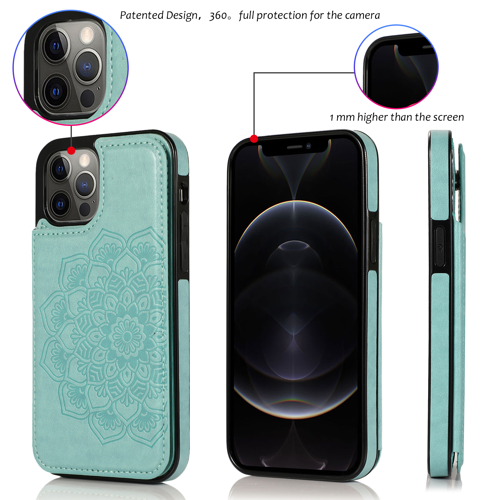 Apple iPhone XR Case, Luxury Side Magnetic Button Card ID Holder PU Leather  Case Cover Teal Mandala Flower 