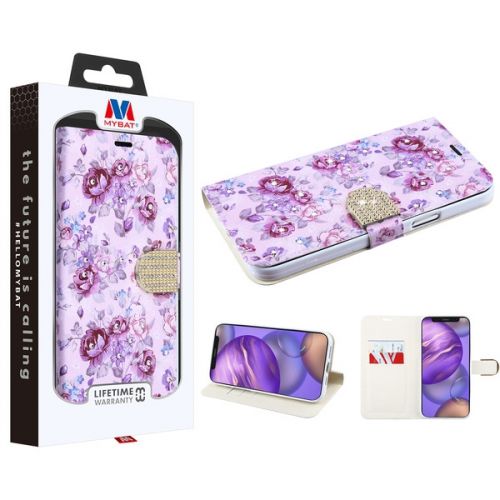 Apple iPhone 12 Mini 5.4 Wallet, MyBat MyJacket Wallet Case Diamond Series Fresh Purple Flowers