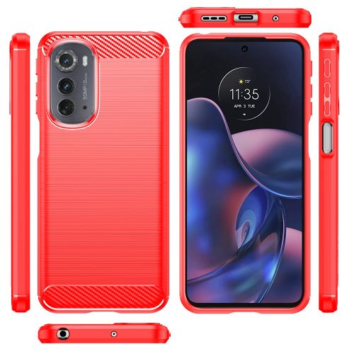 Motorola Moto Edge (2022) Carbon Fiber Design TPU Gel Skin Case Cover - Red