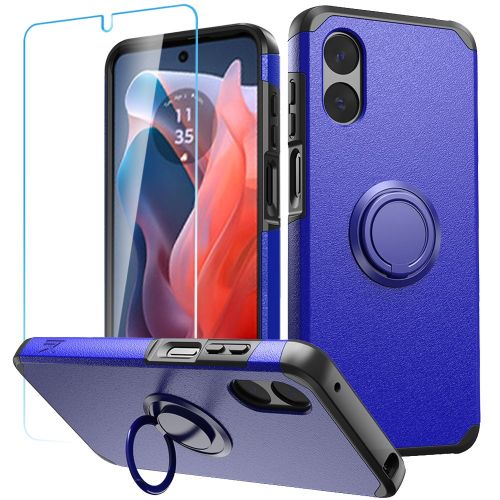 Motorola Moto G Play 2024 Tough Hybrid With Ring Stand + Tempered Glass - Classic Blue