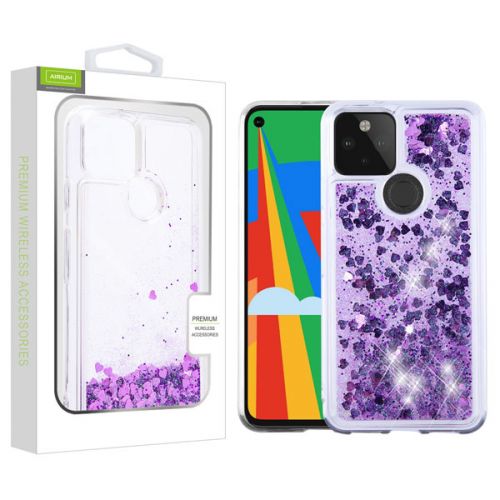 Google Pixel 5 Case, AIRIUM Quicksand Glitter Hybrid Case Cover Hearts & Purple