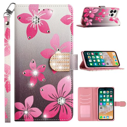 Cricket Icon 4 Diamond Bling Design Wallet With Lanyard Cover Case - Blooming Flower