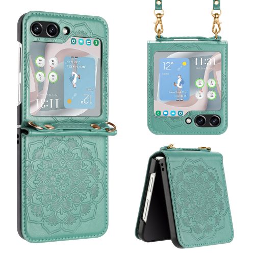 Samsung Galaxy Z Flip 5 Embossed Floral Design Case Cover with Strap - Teal