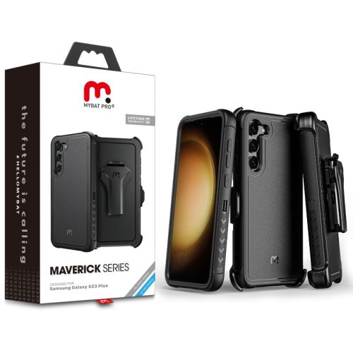 Samsung Galaxy S23 Plus MyBat Pro Antimicrobial Maverick Series Case with Holster   Black / Black