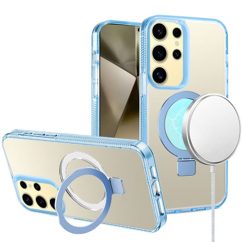 Samsung Galaxy s24 Plus Dotted Edged Line Transparent HQ Magnetic Ring Stand Hybrid - Light Blue