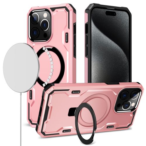 Apple iPhone 15 Pro Max Magnetic Ring Stand Simplistic Tough Hybrid Case Cover - Rose Gold