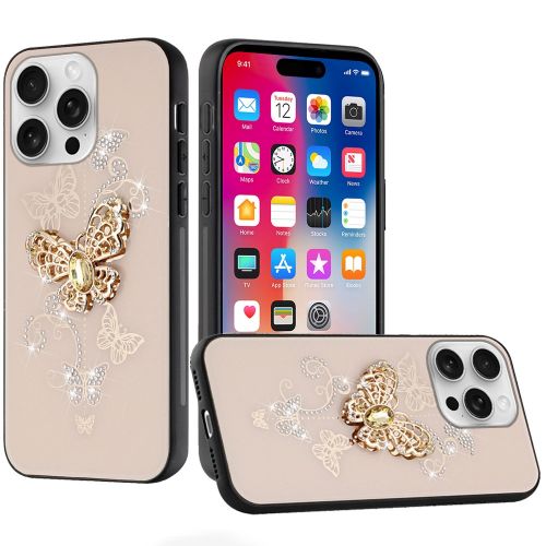 Apple iPhone 16 Pro 6.3 inch SPLENDID Diamond Glitter Ornaments Engraving Case Cover - Garden Butterflies Gold