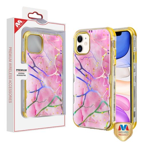 Apple iPhone 11 Case, Pink Marbling/Electroplating Gold TUFF Kleer Hybrid Case