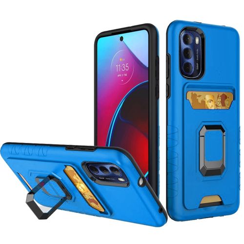 Motorola Moto G Stylus 2022 Card Holder with Magnetic Ring Stand Hybrid Case Cover - Blue