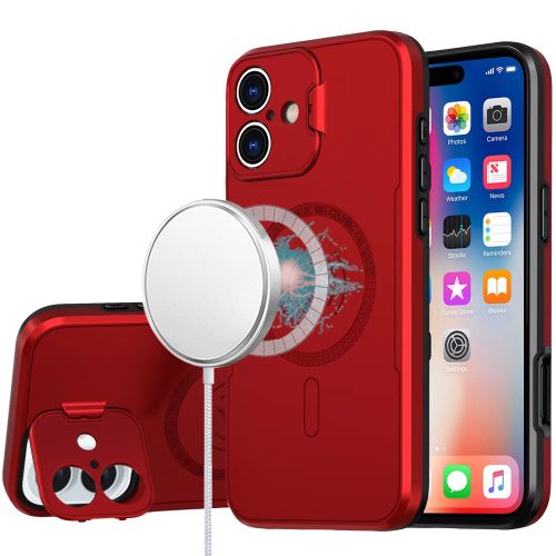 Apple iPhone 16 6.1 inch Magnetic Ring Circle Camera Cap KickStand Hybrid UV Paint Matte Finish Case - Red