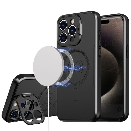 Apple iPhone 13 Pro Max Magnetic Ring Circle Camera Cap KickStand Hybrid UV Paint Matte Finish Case - Black