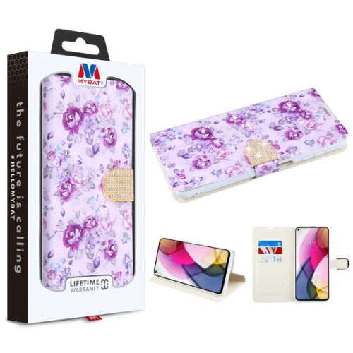 Motorola Moto G Stylus 2021 Wallet, MyBat MyJacket Wallet Diamond Series Fresh Purple Flowers