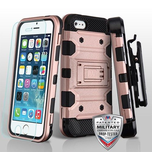 Apple iPhone 5S Case, Rose Gold/Black 3-in-1 Storm Tank Hybrid Case Cover Combo With Holster (Tempered Glass Screen Protector)