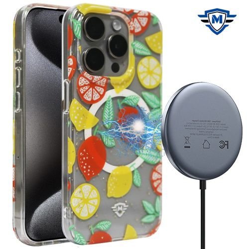 Apple iPhone 15 Pro Max METKASE Floral Design [Magnetic Circle] Transparent Hybrid - Lemon Pattern