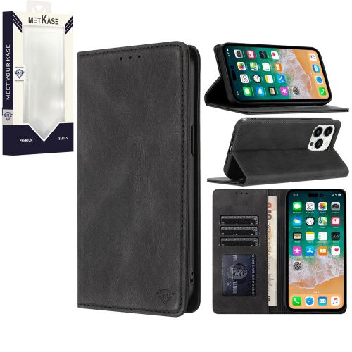 Motorola Moto EDGE Plus (2023) METKASE Wallet PU Vegan Leather ID Card Money Holder with Magnetic Closure in Slide-Out Package - Black