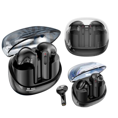 Universal Eggshell Premium Tws (True Wireless Stereo) Bluetooth Headsets With Stylish Clear Charging Box - Black