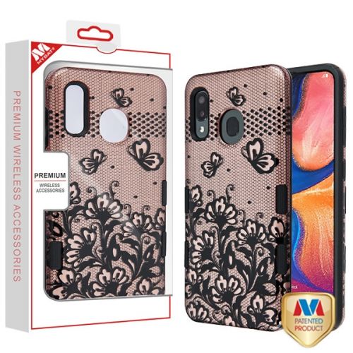 Samsung Galaxy A20 Case, Black Lace Flowers Rose Gold Black TUFF Subs Hybrid Case