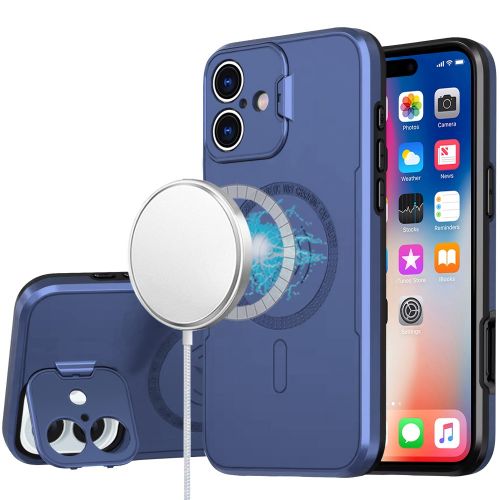 Apple iPhone 16 6.1 inch Magnetic Ring Circle Camera Cap KickStand Hybrid UV Paint Matte Finish Case - Blue