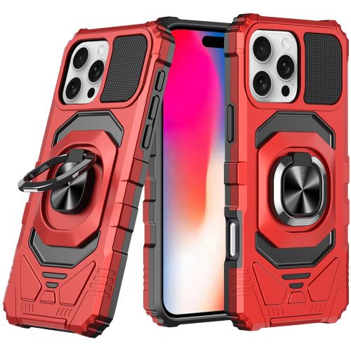 Apple iPhone 16 Pro 6.3 inch Robotic Hybrid with Magnetic Ring Stand Case Cover - Red