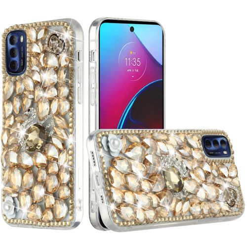 Motorola G STYLUS (2022) LTE Full Diamond with Ornaments Hard TPU Case Cover - Gold Swan Crown Pearl