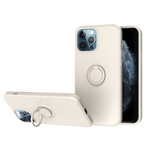 Apple iPhone 13 Pro Max 6.7 Case, Full Protection Slim Liquid Silicone Case With Soft Microfiber Lining And 360 Ring Holder Kickstand Antique White