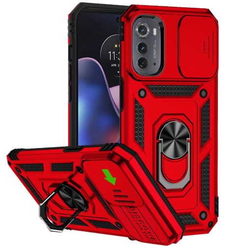 Motorola Moto Edge (2022) Well Protective Magentic Ring Stand Camera Protective Cover Case - Red