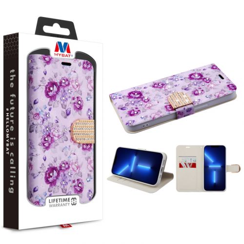 Apple iPhone 13 Pro Max Wallet, MyBat MyJacket Wallet Diamond Series Fresh Purple Flowers