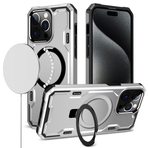 Apple iPhone 15 Pro Max Magnetic Ring Stand Simplistic Tough Hybrid Case Cover - Silver