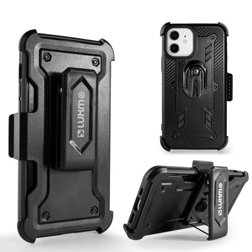 Apple iPhone 12 6.1 Case, Luxmo 3-in-1 Carbon Fiber Holster Combo Case With Air Vent Holder, Ring Stand And Belt Clip Black