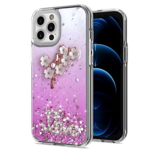 Apple iPhone 13 6.1 - Love Floral Ornament Epoxy Shimmer Glitter Case Cover - Pink