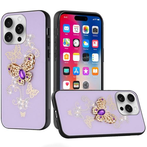 Apple iPhone 16 Pro 6.3 inch SPLENDID Diamond Glitter Ornaments Engraving Case Cover - Garden Butterflies Purple