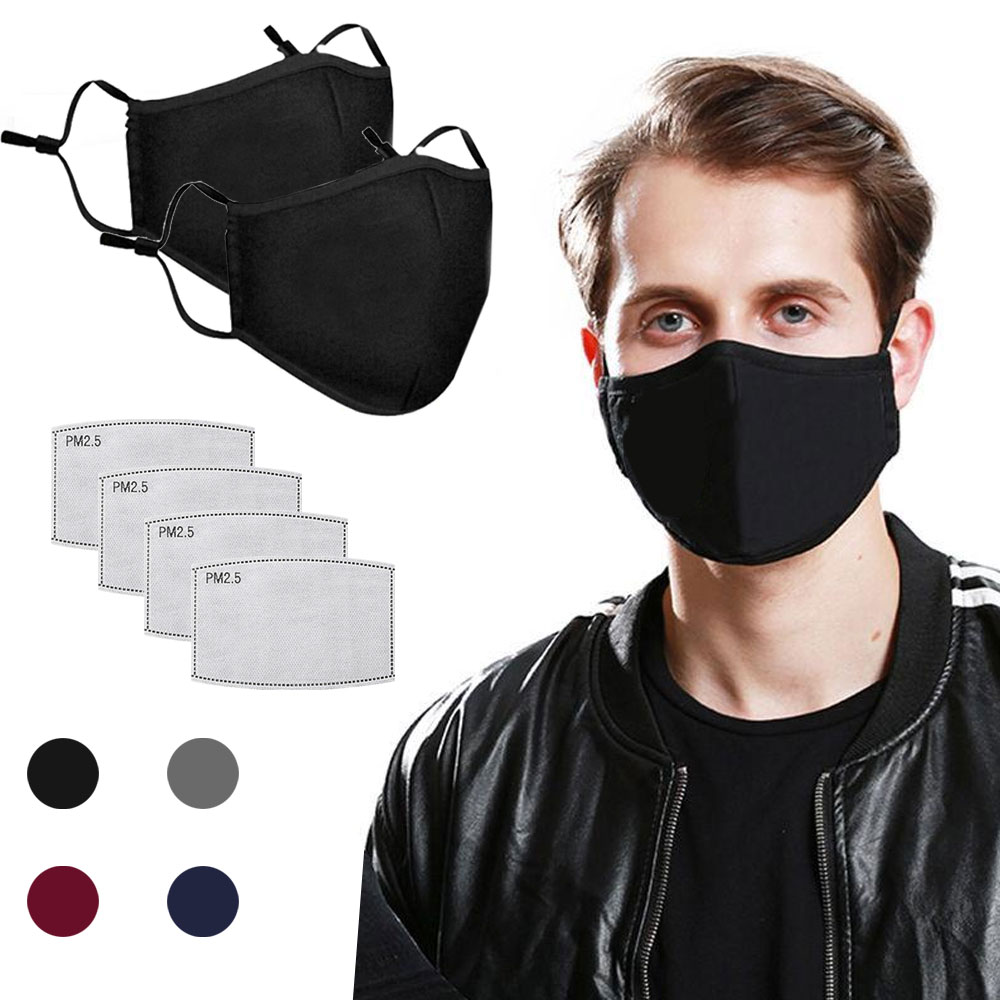 2PCS Face Mask With 4 Replacement Filters PM2.5 Black Reusable Unisex Cotton