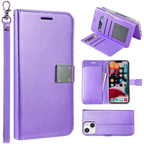 Apple iPhone 15 Plus - DESIGNX SERIES LEATHER WALLET PHONE CASE WITH 6 CARD SLOTS, CASH SLOT AND LANYARD - PURPLE