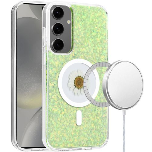 Samsung Galaxy s24 Ultra Magnetic Ring Circle Real Flower Epoxy Glitter Hybrid Case Cover - Green