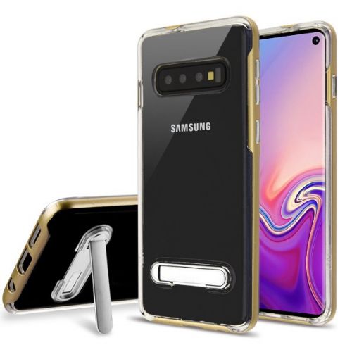 Samsung Galaxy S10 Case, Gold/Transparent Clear Hybrid Case Cover (with Magnetic Metal Stand)