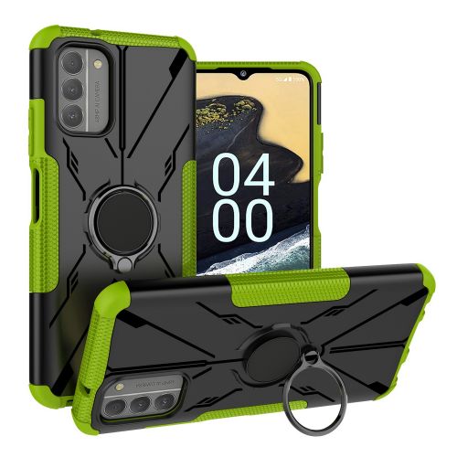 Nokia G400 5g Pyramid Lined Design Hybrid with Magnetic Ring Stand Case Cover - Black/Neon Green