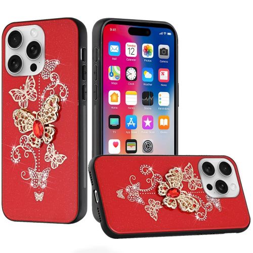 Apple iPhone 16 Pro 6.3 inch SPLENDID Diamond Glitter Ornaments Engraving Case Cover - Garden Butterflies Red