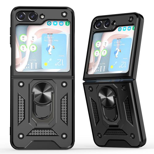 Samsung Galaxy Z Flip 5 ELITE Camera Push Magnetic Ring Stand Hybrid Case Cover - Black