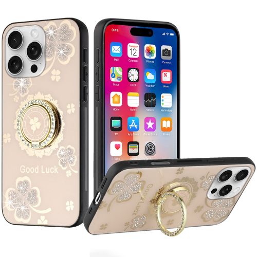 Apple iPhone 16 Pro 6.3 inch SPLENDID Diamond Glitter Ornaments Engraving Case Cover - Good Luck Floral Gold