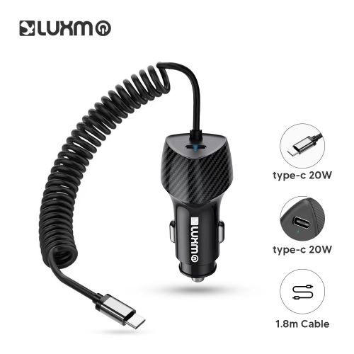 Universal Dual Usb Type-C 40W (20W+20W) Pd Qc 3.0 Fast Charging Car Charger With Long Coiled Cable - Black