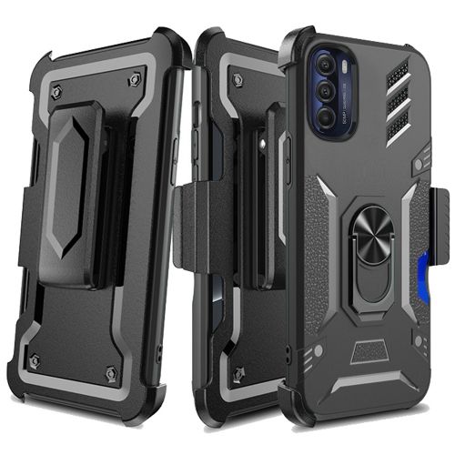 Motorola Moto G 5G 2022 3in1 Combo Holster Invisible Card Holder Magnetic Ring Stand Hybrid Case Cover - Black