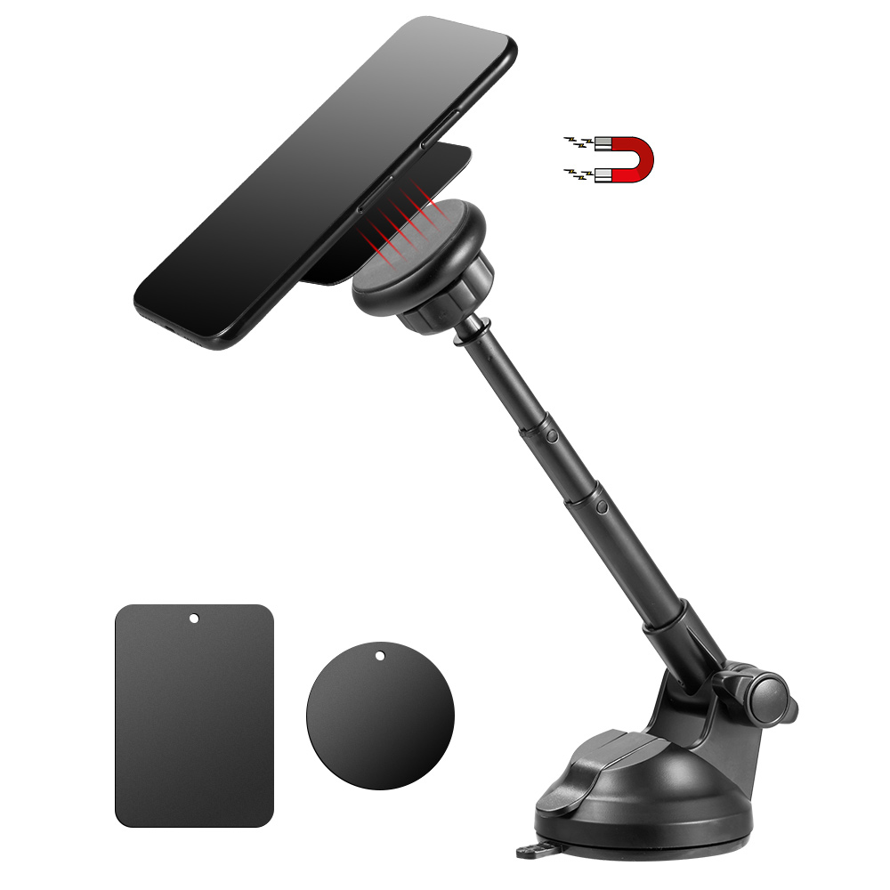 64 Universal Magnetic Dashboard and Windshield Hands Free Car Mount Phone Holder with Metal Telescopic Extension Arm 360 Rotation and Quick Lock and
