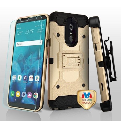LG Stylo 4 Plus Case, Gold/Black 3-in-1 Kinetic Hybrid Case Cover Combo (with Black Holster)(Tempered Glass Screen Protector)